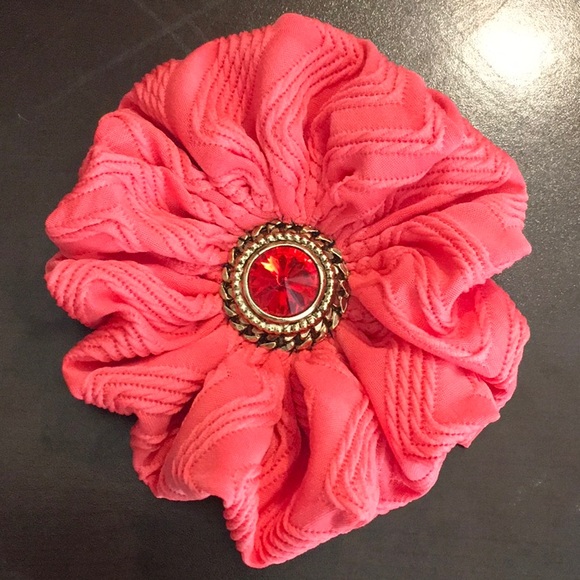 Coral Fabric Floral brooch with Gold and Coral Accent - Picture 1 of 1
